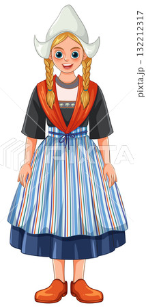 Dutch Girl in Traditional Folk Costume Standing Front View 132212317