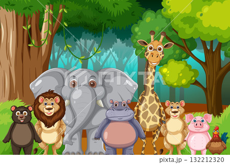 Group of Cartoon Animals Standing in Forest Clearing Group of Cartoon Animals Standing in Forest Clearing 132212320