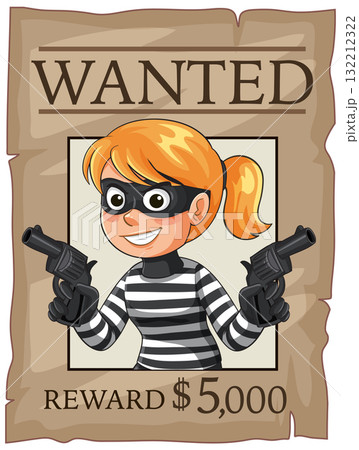 Cartoon Female Burglar on Wanted Poster With Pistols Cartoon Female Burglar on Wanted Poster With Pistols 132212322