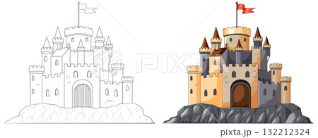 Medieval Stone Castle on Rocky Hill Vector Illustration Medieval Stone Castle on Rocky Hill Vector Illustration 132212324