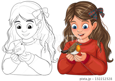 Young Girl Holding Robin Bird in Hands Young Girl Holding Robin Bird in Hands 132212328