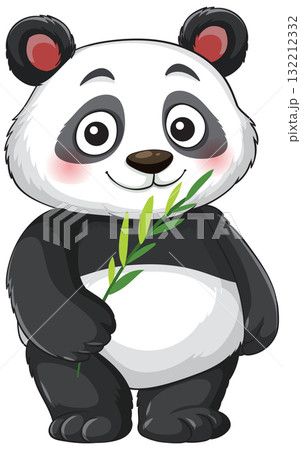Cute Cartoon Panda Holding Bamboo Stem Smiling 132212332