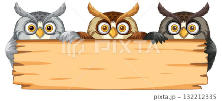 Three Owls Holding a Wooden Sign Three Owls Holding a Wooden Sign 132212335