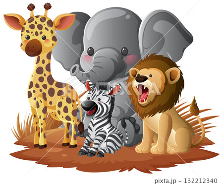 Cartoon African Animals Group on Grass in Vector Style 132212340