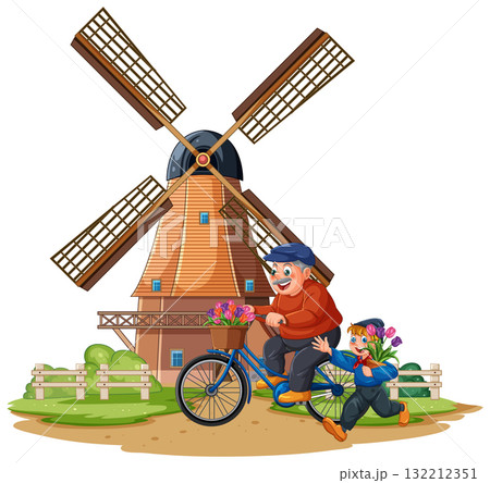 Elderly Man Cycling with Flowers Near Traditional Windmill 132212351