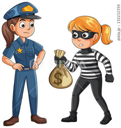 Female Police Officer Confronts Masked Robber With Money Bag 132212354