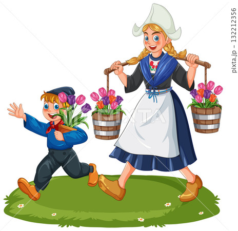 Dutch Woman and Boy Carrying Tulips in Traditional Clothing Dutch Woman and Boy Carrying Tulips in Traditional Clothing 132212356