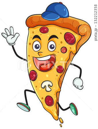 Cheerful Cartoon Pizza Slice Running With Blue Cap 132212358
