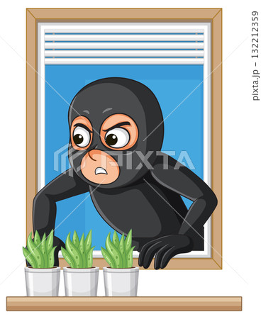Burglar Climbing Through Window Behind Potted Plants 132212359