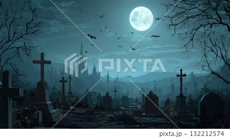 満月と不気味な森の中の墓地 満月と不気味な森の中の墓地 132212574