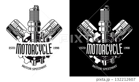 Vintage motorcycle club logo featuring a central spark plug two pistons gear wheel black and white for motor speedway custom repair shops and biker apparel Vintage motorcycle club logo featuring a central spark plug two pistons gear wheel black and white for motor speedway custom repair shops and biker apparel 132212607