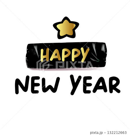 happy New year golden retro groovy ticker design isolated on white background. Vintage Gold New year day motto sticker, tag, retro label, banner, ribbon, label png with quote. New year text banner 132212663