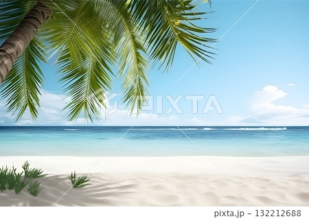 tropical beach view at sunny day with white sand, turquoise water and palm tree, neural network generated image 132212688