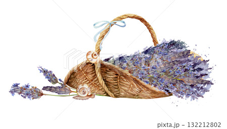 Wild lavender bouquet in vintage enamel jug, floral lavandula bunch, two heart shapes, striped spotted. Isolated illustration hand drawn in watercolor. Cottage art, eco tag, Provence Valentine gifts. Wild lavender bouquet in vintage enamel jug, floral lavandula bunch, two heart shapes, striped spotted. Isolated illustration hand drawn in watercolor. Cottage art, eco tag, Provence Valentine gifts. 132212802