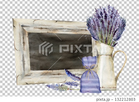 Vintage chalkboard, lavender sachet scented bag, lavandula bouquet in metal jug. Distressed wooden frame. Isolated illustration hand drawn in watercolor. Menu, cottage shabby chic decor, DIY display. 132212803