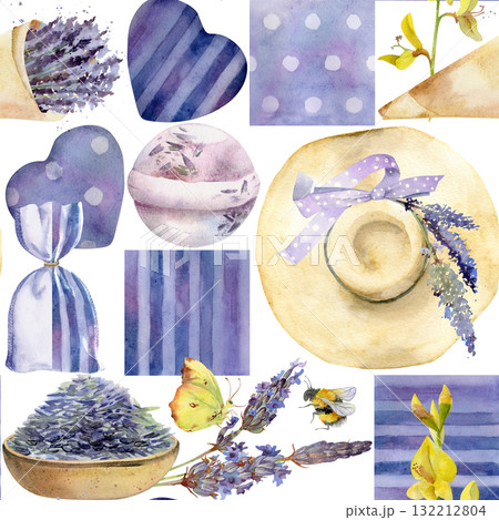 Lavender flowers seeds bouquet, straw sunhat, rustic striped and dotted heart shapes, fabric pieces in patchwork style seamless pattern. Hand drawn in watercolor, isolated. Textile, scrapbooking paper 132212804