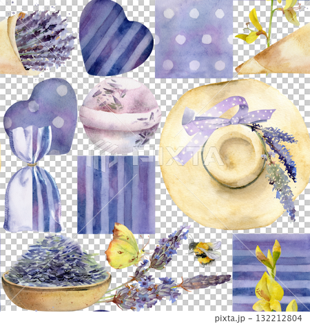 Lavender flowers seeds bouquet, straw sunhat, rustic striped and dotted heart shapes, fabric pieces in patchwork style seamless pattern. Hand drawn in watercolor, isolated. Textile, scrapbooking paper 132212804