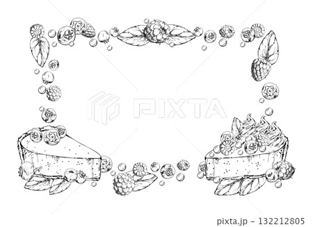 Plump berries on cheesecake slice with scattered blueberries and raspberries, mint leaf garnish in corner frame. Isolated hand drawn artwork. Cafe menu graphics, digital sticker kits, product labels. Plump berries on cheesecake slice with scattered blueberries and raspberries, mint leaf garnish in corner frame. Isolated hand drawn artwork. Cafe menu graphics, digital sticker kits, product labels. 132212805