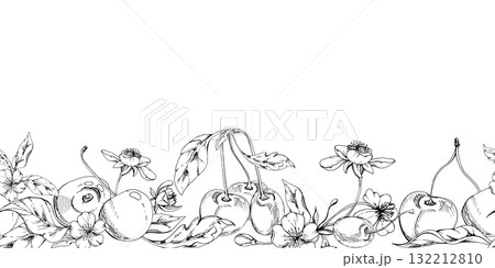 Sweet sour line cherry with white flowers, plant leaves, hand drawn vector ink, berry in clusters on branches. Seamless banner garland illustration for restaurant, cafe menu, wedding, farmers market Sweet sour line cherry with white flowers, plant leaves, hand drawn vector ink, berry in clusters on branches. Seamless banner garland illustration for restaurant, cafe menu, wedding, farmers market 132212810