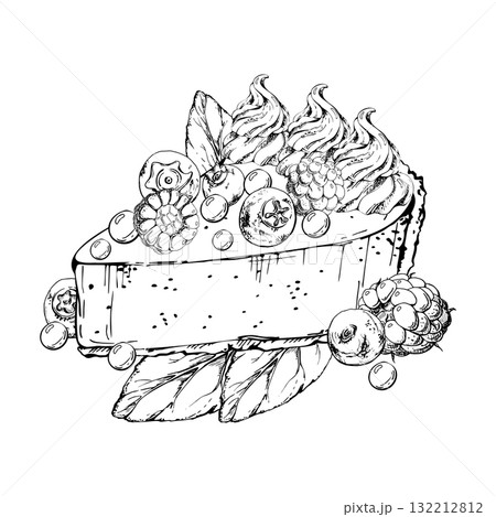 Ripe blueberries and raspberries, fresh berries on souffle cheesecake portion with mint sprigs and mousse swirl. Vector ink dessert illustration. Packaging, dessert web graphics, bakery label designs. 132212812