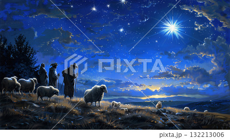 A peaceful night scene with shepherds watching over sheep in a field, gazing up at the bright Christmas star against a deep blue sky, illustration style, blue color tone. 132213006