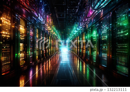futuristic global data processing center, infrastructure for telecommunications and internet technology with virtual reality, digital future, cyberspace visualization, illumination 132213111
