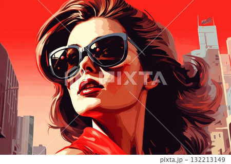 Portrait of a beautiful fashionable woman with a hairstyle and sunglasses, in a city street. Bright day. Illustration poster in the style of 1960 132213149