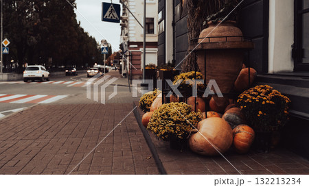 Autumn Street Decoration with Pumpkins, Lanterns and Flowers Autumn Street Decoration with Pumpkins, Lanterns and Flowers 132213234