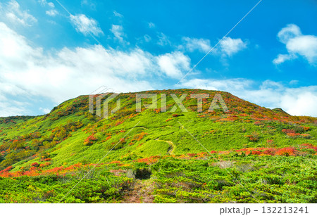 福島県西郷村　秋の紅葉に染まる赤面山から見る風景 132213241
