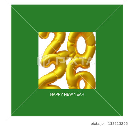 2026 Happy New year 3D vector design, realistic golden inflated balloons numbers in green frame, winter holiday card 132213296