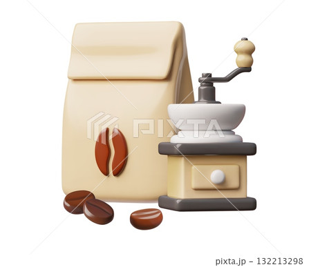 Paper bag package with coffee beans and manual coffee grinder 3D vector illustration, coffee package and mill machine Paper bag package with coffee beans and manual coffee grinder 3D vector illustration, coffee package and mill machine 132213298