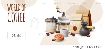 World of Coffee shop landing page advertising 3D vector design, cup with coffee, coffee grinder, turk and bakery product 132213303