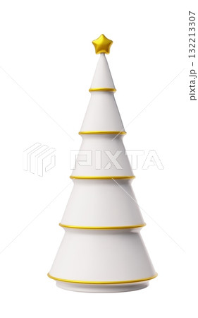 3D white decorative Christmas tree with golden horizontal stripes and a five-pointed star on top. 3D white decorative Christmas tree with golden horizontal stripes and a five-pointed star on top. 132213307
