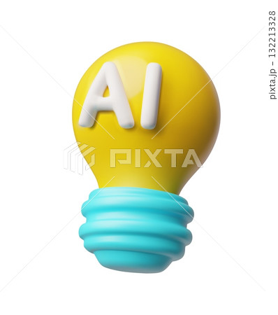 3D yellow light bulb icon with an AI symbol, digital brain. 3D yellow light bulb icon with an AI symbol, digital brain. 132213328