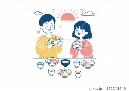 元旦に初日の出とおせちを楽しむ家族イラスト 132213446