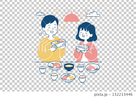 元旦に初日の出とおせちを楽しむ家族イラスト 132213446