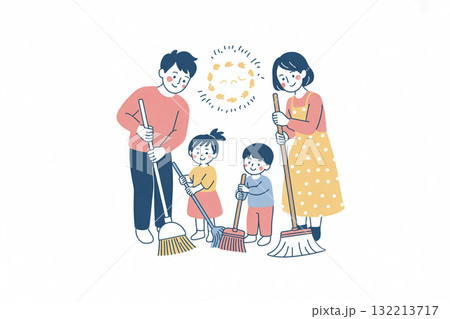 大掃除をする家族のイラスト(年末大掃除イメージ) 大掃除をする家族のイラスト(年末大掃除イメージ) 132213717