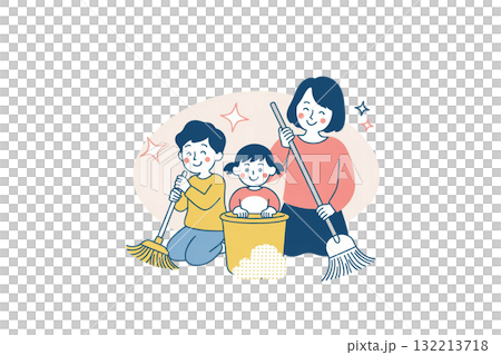 大掃除をする家族のイラスト（年末大掃除イメージ） 132213718