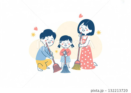 大掃除をする家族のイラスト（年末大掃除イメージ） 132213720