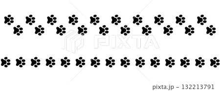 Straight trail of wet or mud pawprints of dog or cat, puppy or kitty. Borders with black paw silhouettes. Steps of running or walking animal isolated on white background. Vector graphic illustration 132213791