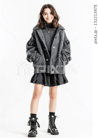 グレーのセーターとスカートを着た女性のファッション 132213978