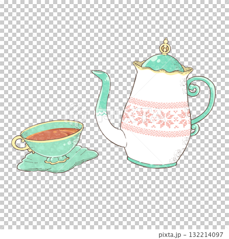 水彩風格北歐圖案茶壺和透明背景的翠綠色茶杯 132214097