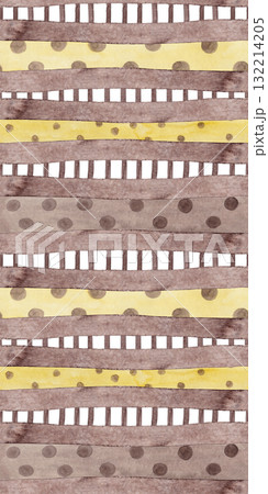 Horizontal brown and yellow polka dotted lines with lattice-like gaps. Multi-patterned oblong print in a rectangular shape. Abstract seamless watercolor pattern. Perfect for table runners and rugs Horizontal brown and yellow polka dotted lines with lattice-like gaps. Multi-patterned oblong print in a rectangular shape. Abstract seamless watercolor pattern. Perfect for table runners and rugs 132214205