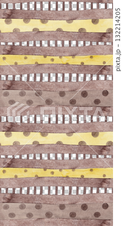 Horizontal brown and yellow polka dotted lines with lattice-like gaps. Multi-patterned oblong print in a rectangular shape. Abstract seamless watercolor pattern. Perfect for table runners and rugs Horizontal brown and yellow polka dotted lines with lattice-like gaps. Multi-patterned oblong print in a rectangular shape. Abstract seamless watercolor pattern. Perfect for table runners and rugs 132214205
