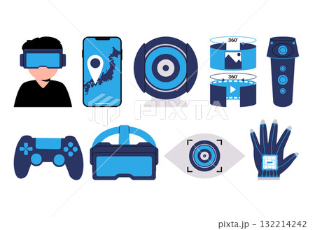 Comprehensive icon set virtual reality VR augmented reality AR display eye tracking for apps presentations about immersive digital experience Comprehensive icon set virtual reality VR augmented reality AR display eye tracking for apps presentations about immersive digital experience 132214242
