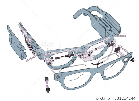 Detailed exploded view vector illustration of smart glasses augmented reality AR spectacles internal electronic components circuit boards camera and sensors futuristic wearable technology Detailed exploded view vector illustration of smart glasses augmented reality AR spectacles internal electronic components circuit boards camera and sensors futuristic wearable technology 132214244