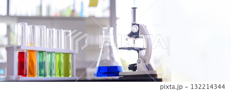 Banner Science chemistry glass tubes object on lab background. Wide Liquid tube biology laboratory chemical fluid scientist object medical glass tubes. Chemistry scientific background with Copy Space 132214344
