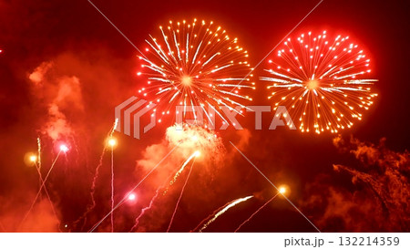 Red Firework celebrate anniversary happy new year 2024, 4th of july holiday festival. red firework in night time celebrate national holiday. Countdown to new year 2025 festival party time event 132214359