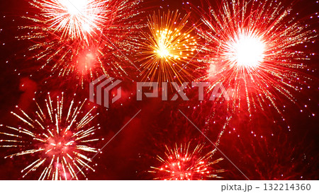 Red Firework celebrate anniversary happy new year 2024, 4th of july holiday festival. red firework in night time celebrate national holiday. Countdown to new year 2025 festival party time event 132214360