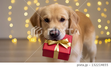 A golden retriever holds a red Christmas present in its mouth against a backdrop of twinkling lights. A golden retriever holds a red Christmas present in its mouth against a backdrop of twinkling lights. 132214655